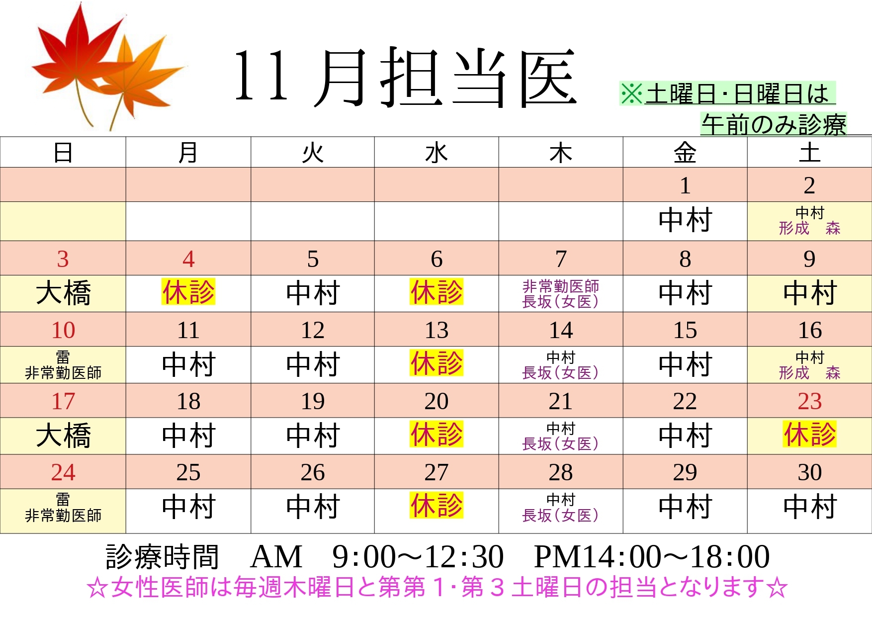 11月休診表